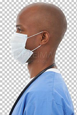 Buy stock photo Black, doctor and happy in mask with healthcare, medical trust and worker for patient wellness. African specialist, young and safety support of surgeon help and isolated on transparent png background