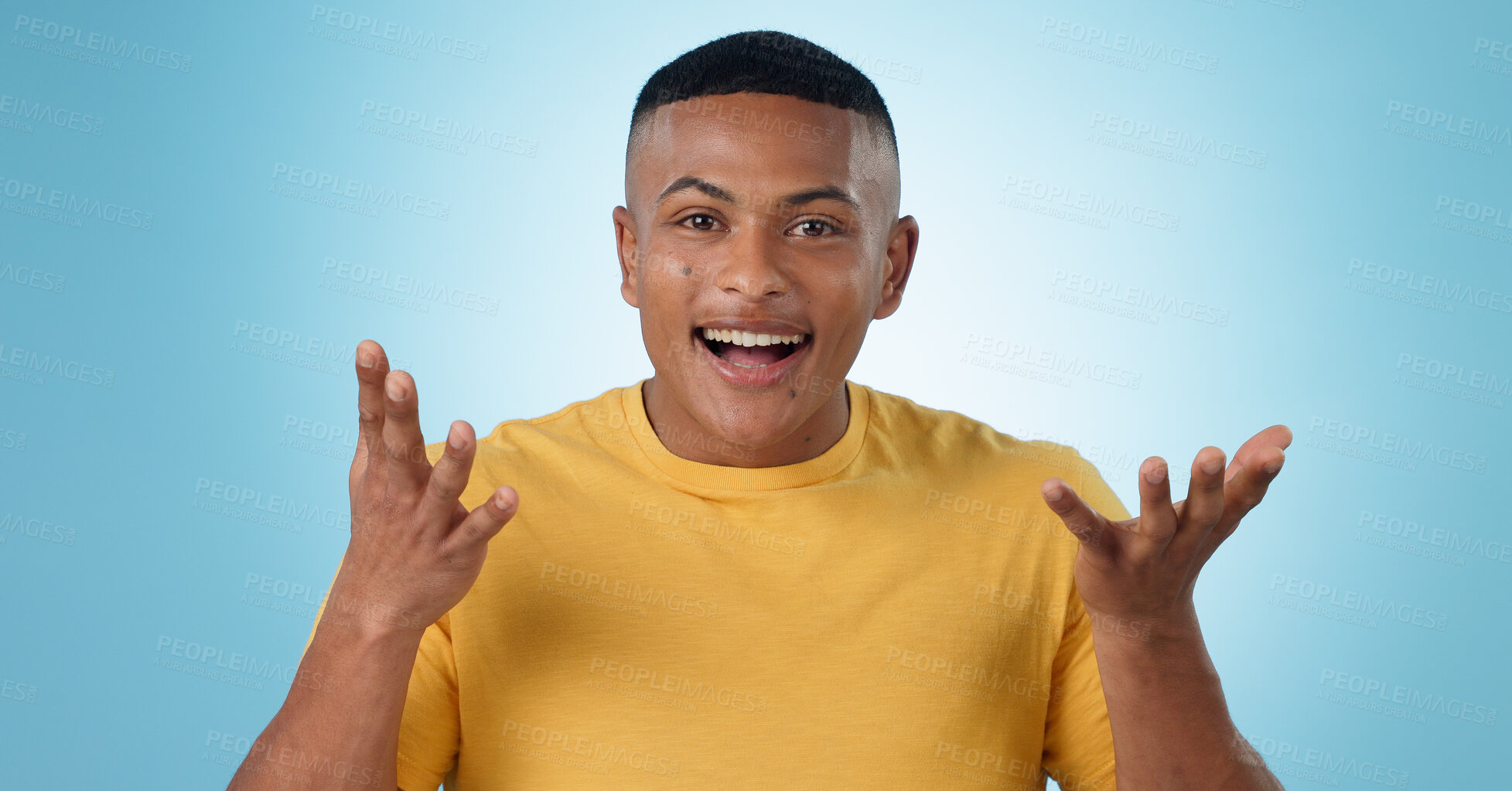 Buy stock photo Young man, wow and excited face for news in studio with college announcement, results or learning opportunity. Happy portrait of student in surprise, shock or questions for college on blue background