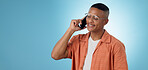 Phone call, mockup space or happy man in studio on blue background talking for communication. Modern, trendy or cool biracial model listening or calling to chat in conversation or speaking on mobile