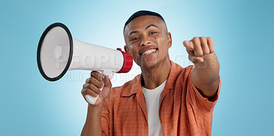 Buy stock photo Man, megaphone and choice or pointing you for announcement, broadcast and vote or news on blue background. Portrait of person for join us, attention and voice with sale, bonus or winning in studio