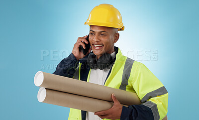 Buy stock photo Engineering, man and phone call of construction design planning or project management communication in studio. Builder or worker with mobile chat, blueprint and architecture advice on blue background