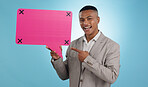 Business man, speech bubble and presentation of communication, chat poster or social media quote in studio. Portrait of worker with FAQ mockup, career forum and tracking markers on a blue background