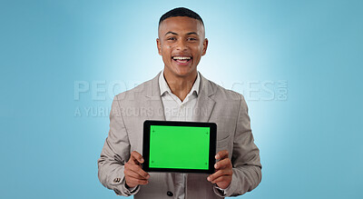 Buy stock photo Business man, tablet green screen and advertising for website space, information or trading software in studio. Portrait of trader with digital mockup, space and tracking markers on a blue background