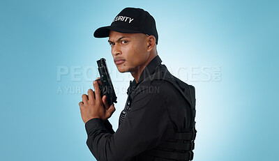 Buy stock photo Man, security guard and holding gun for shooting, protection and hands with face, portrait or confident. Safety, service or weapon for criminal, law or studio background for pistol, crime or eyes
