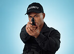 Man, security guard and pointing gun for shooting, protection and hands with face, portrait or confident. Target, killing or weapon for criminal, murder or studio background for pistol, crime or eyes