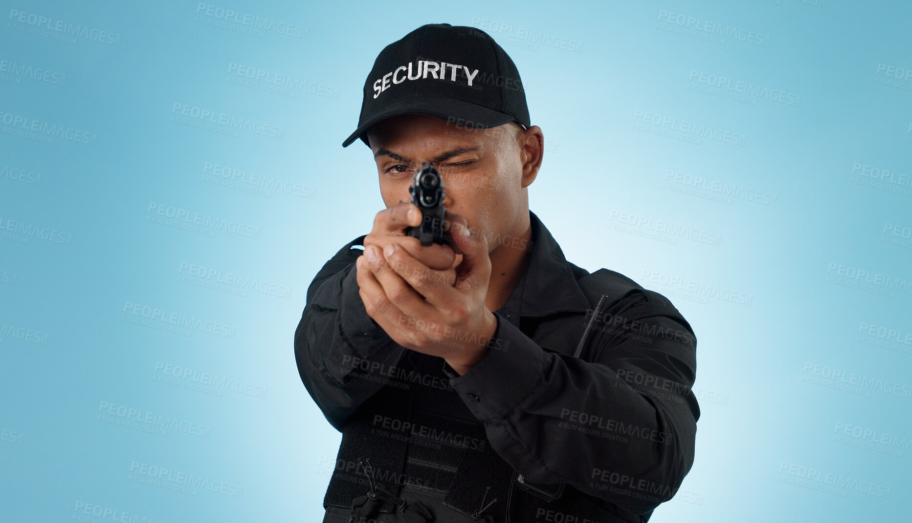 Buy stock photo Man, security guard and pointing gun to aim, protection and hands with face, portrait or confident. Target, killing or weapon for criminal, murder or studio background for pistol, crime or eye closed