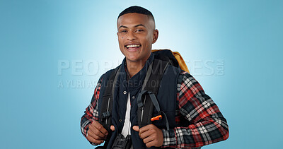 Buy stock photo Man, portrait or backpack in studio or adventure hiking, mockup space on blue background. Black person, face or smile for camper explorer or fitness journey for discover, vacation or travel trekking
