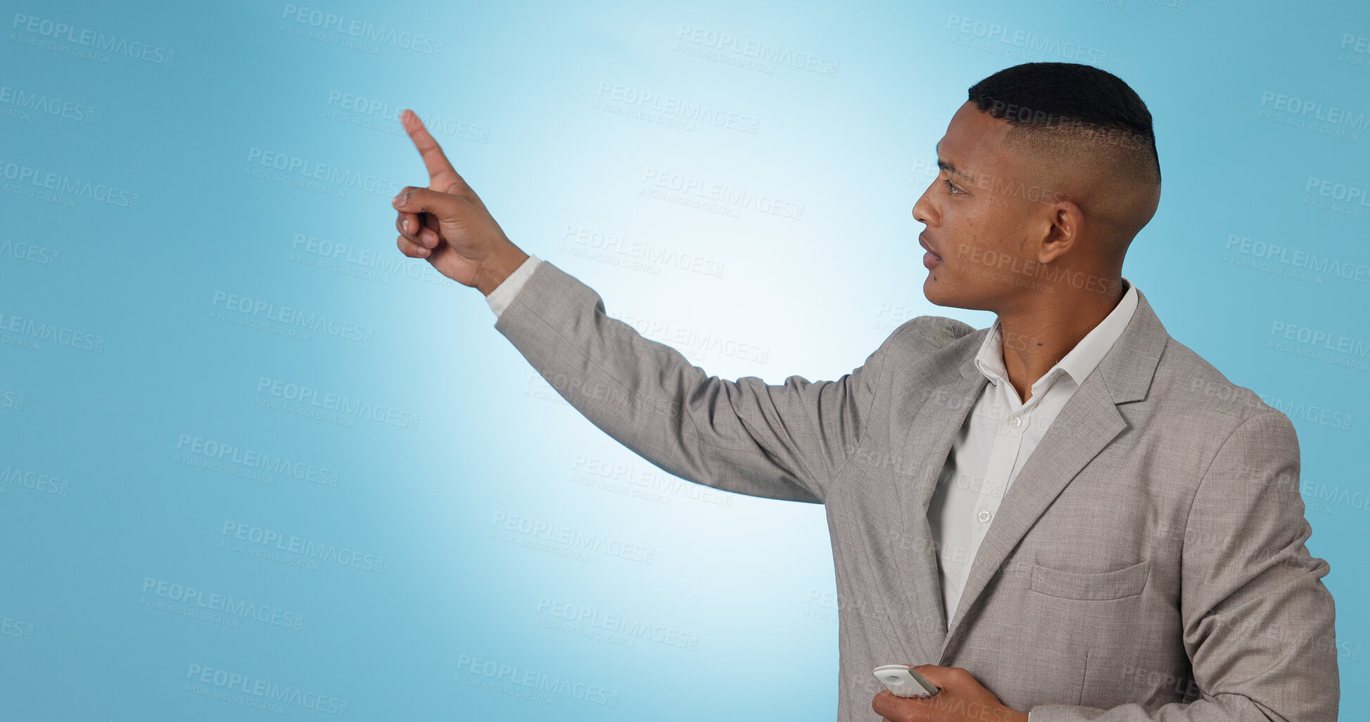 Buy stock photo Weather forecast, pointing or man talking with hands for mockup space on blue background. Reporter, anchor or presenter in broadcast for presentation, climate change prediction or news in studio