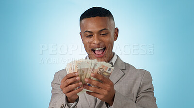 Buy stock photo Business man, wow and money for winning, success and lottery prize, bonus or stock market profit in studio. Excited winner or young trader with cashback and surprise for savings on a blue background