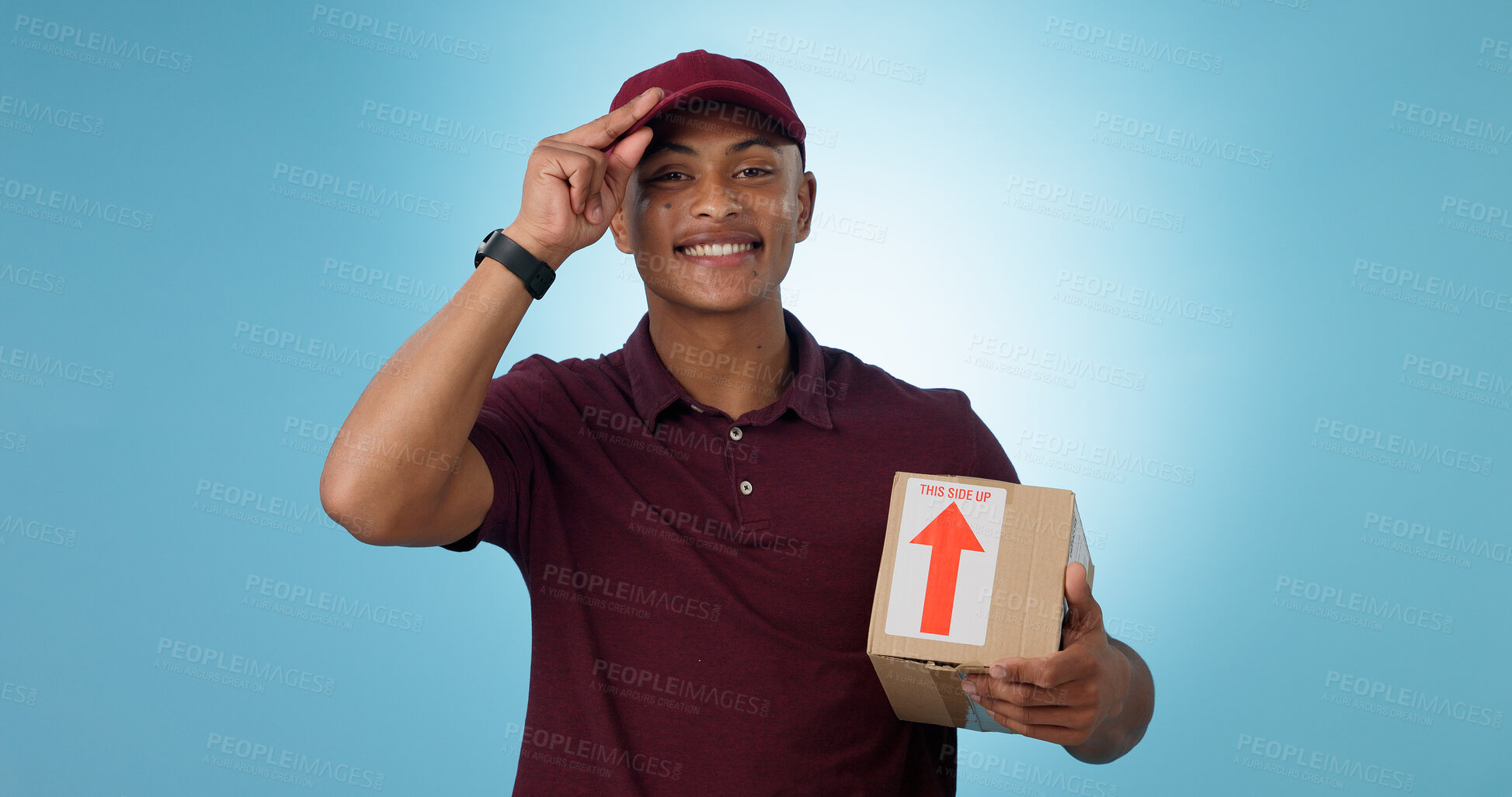 Buy stock photo Happy man, shipping box or portrait of delivery guy in studio with courier service or supply chain package. Smile, blue background or worker greeting distribution, online shopping or post services 