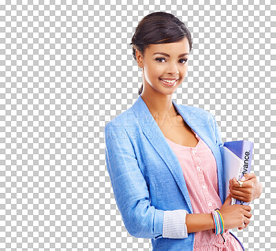 Buy stock photo Portrait, school and a woman student with books isolated on a transparent background for scholarship. Education, smile or knowledge and a happy young university pupil on PNG for learning or study