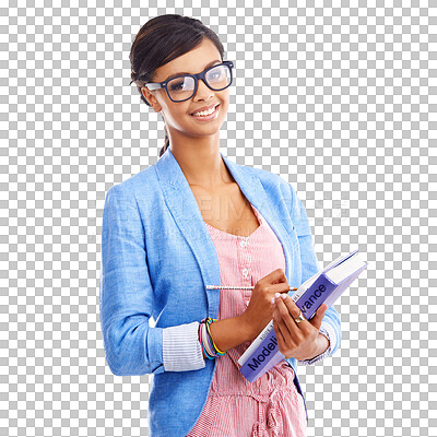 Buy stock photo Portrait, education and a woman student writing with books isolated on a transparent background for scholarship. Smile, knowledge and glasses with a happy young university pupil on PNG for learning