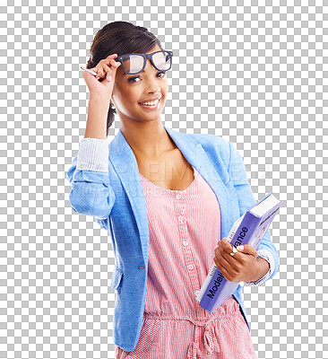 Buy stock photo Portrait, study and a woman student with books isolated on a transparent background for scholarship. Smile, school and glasses with a happy young university pupil on PNG for learning or education