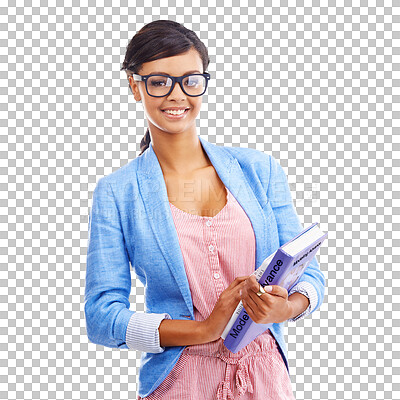 Buy stock photo Portrait, smile and a woman student with books isolated on a transparent background for scholarship. Education, college or glasses and a happy young university pupil on PNG for learning or study