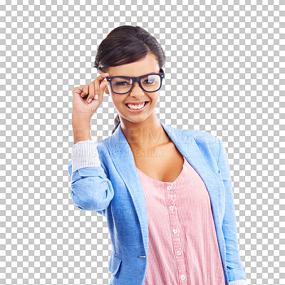 Buy stock photo Portrait, smile and woman with glasses for vision, eye care or fashion isolated on a transparent png background. Face, spectacles and happy person with frame, prescription lens or optometry in Brazil