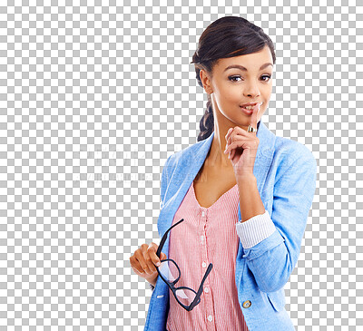 Buy stock photo Woman, shush for secret in portrait, mystery and isolated on transparent png background. Female person, finger and privacy for news, announcement and drama or information, face and emoji or icon