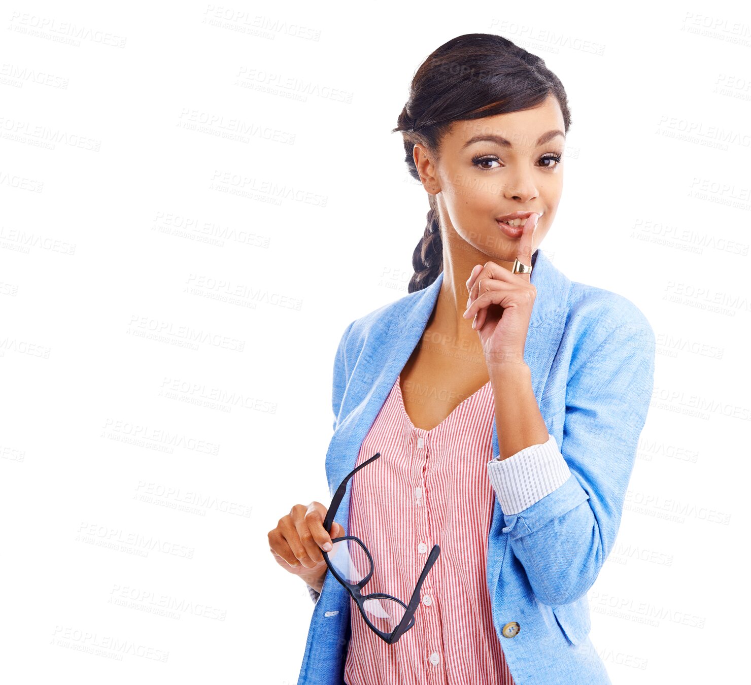 Buy stock photo Woman, shush for secret in portrait, mystery and isolated on transparent png background. Female person, finger and privacy for news, announcement and drama or information, face and emoji or icon