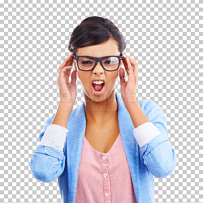 Buy stock photo Portrait, wow and woman with glasses for vision, eye care or fashion isolated on a transparent png background. Face, surprise and shocked person with frame, prescription lens and optometry in Brazil