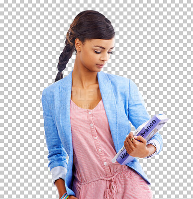 Buy stock photo Education, college and a woman student with books isolated on a transparent background for scholarship. Schedule, school or knowledge and a serious young university pupil on PNG for learning or study