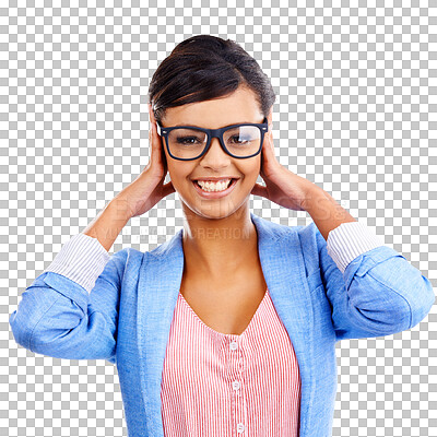 Buy stock photo Portrait, happy and woman with glasses for vision, eye care or fashion isolated on a transparent png background. Face, spectacles and person smile with frame, prescription lens or optometry in Brazil