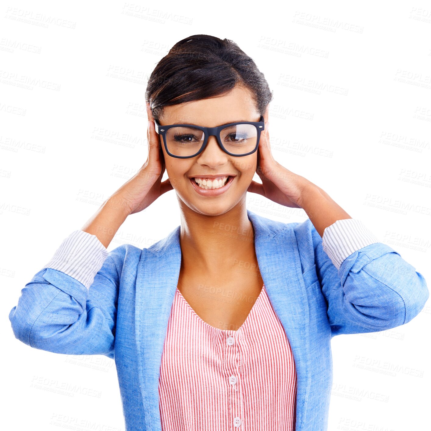 Buy stock photo Portrait, happy and woman with glasses for vision, eye care or fashion isolated on a transparent png background. Face, spectacles and person smile with frame, prescription lens or optometry in Brazil