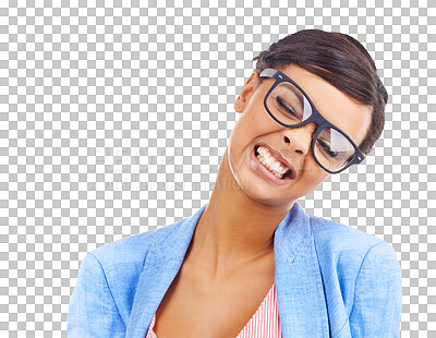 Buy stock photo Frustrated face of woman with glasses, anger and thinking, isolated on transparent png background. Stress, anxiety and annoyed girl with burnout, pain or confused expression for risk, mistake and cry