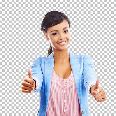 Buy stock photo Woman, smile and thumbs up in portrait, confidence and thank you or isolated on transparent png background. Female person, emoji and icon or face, win and agreement or promote, yes and satisfaction