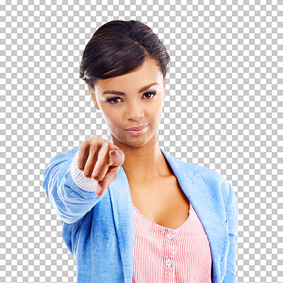 Buy stock photo Portrait, businesswoman and pointing at you for opportunity, choice or offer with recruitment. Black person, hr manager and serious expression for onboarding on isolated or transparent png background