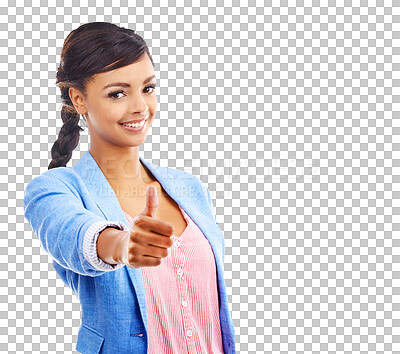 Buy stock photo Woman, smile and thumbs up in portrait, approval and thank you or isolated on transparent png background. Female person, emoji and icon or face, winner and agreement or promote, yes and satisfaction