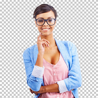 Buy stock photo Portrait, thinking and business with woman, glasses and employee isolated on transparent background. Face, person or entrepreneur with eyewear, clear vision or solution with png, planning or decision