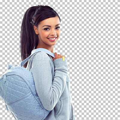 Buy stock photo Portrait, education and a woman student with a backpack isolated on a transparent background for scholarship. Smile, school or college and a happy young university pupil on PNG for learning or study