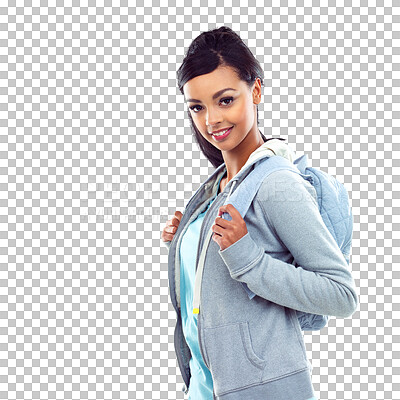 Buy stock photo Portrait, university and a woman student with a backpack isolated on a transparent background for scholarship. Smile, education or school and a happy young college pupil on PNG for learning or study