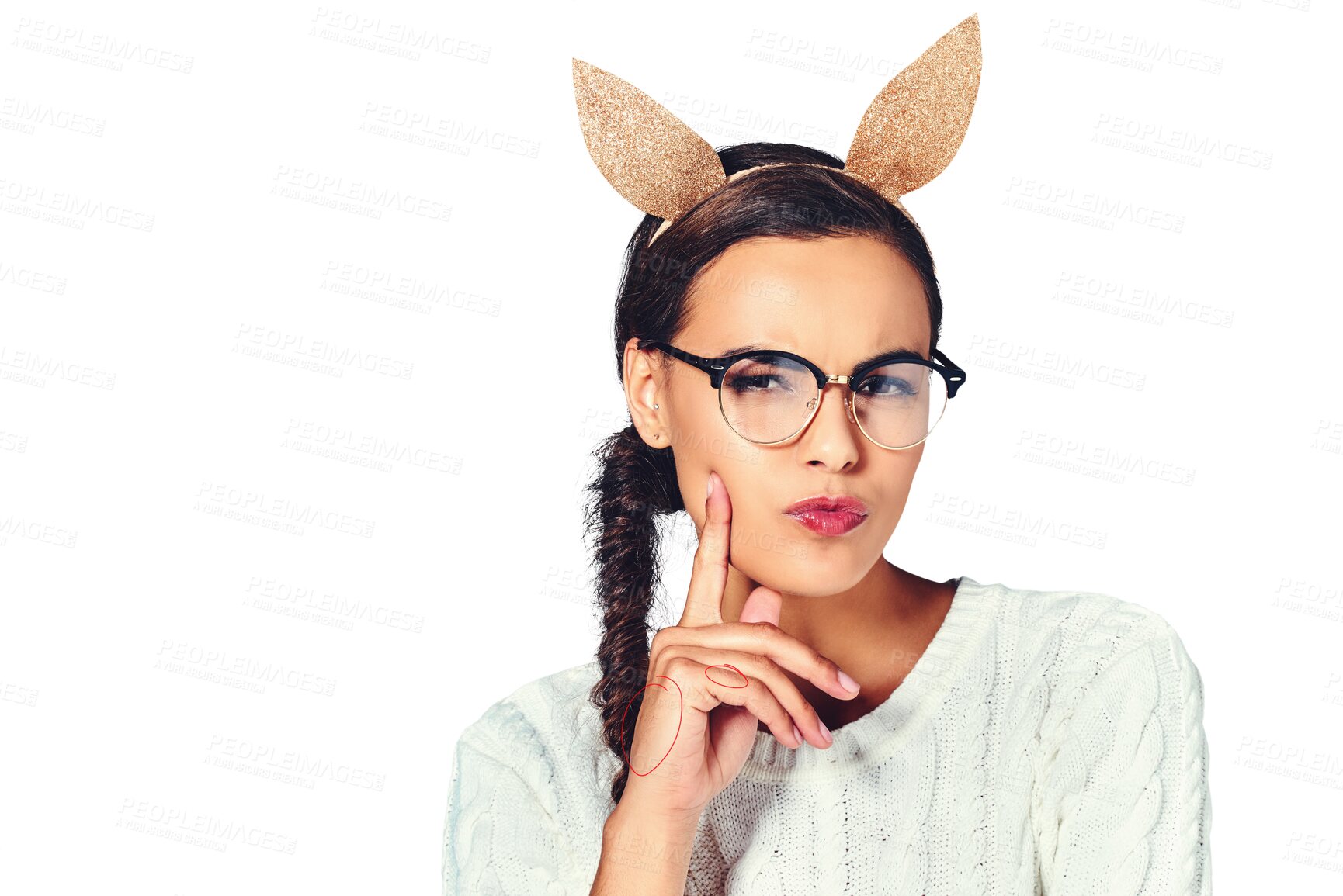 Buy stock photo Portrait, rabbit ears and woman with glasses, thinking and confident girl isolated on a transparent background. Face, person and model with eyewear, ideas and comic with animal headband, png and joy