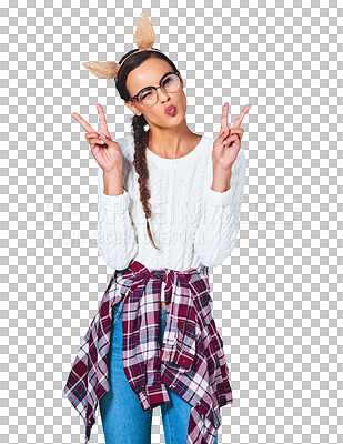 Buy stock photo Woman, portrait and peace sign or bunny ears happy for hipster fashion, confidence or isolated on transparent png background. Female person, face and rabbit accessory for relax, hand gesture or pout