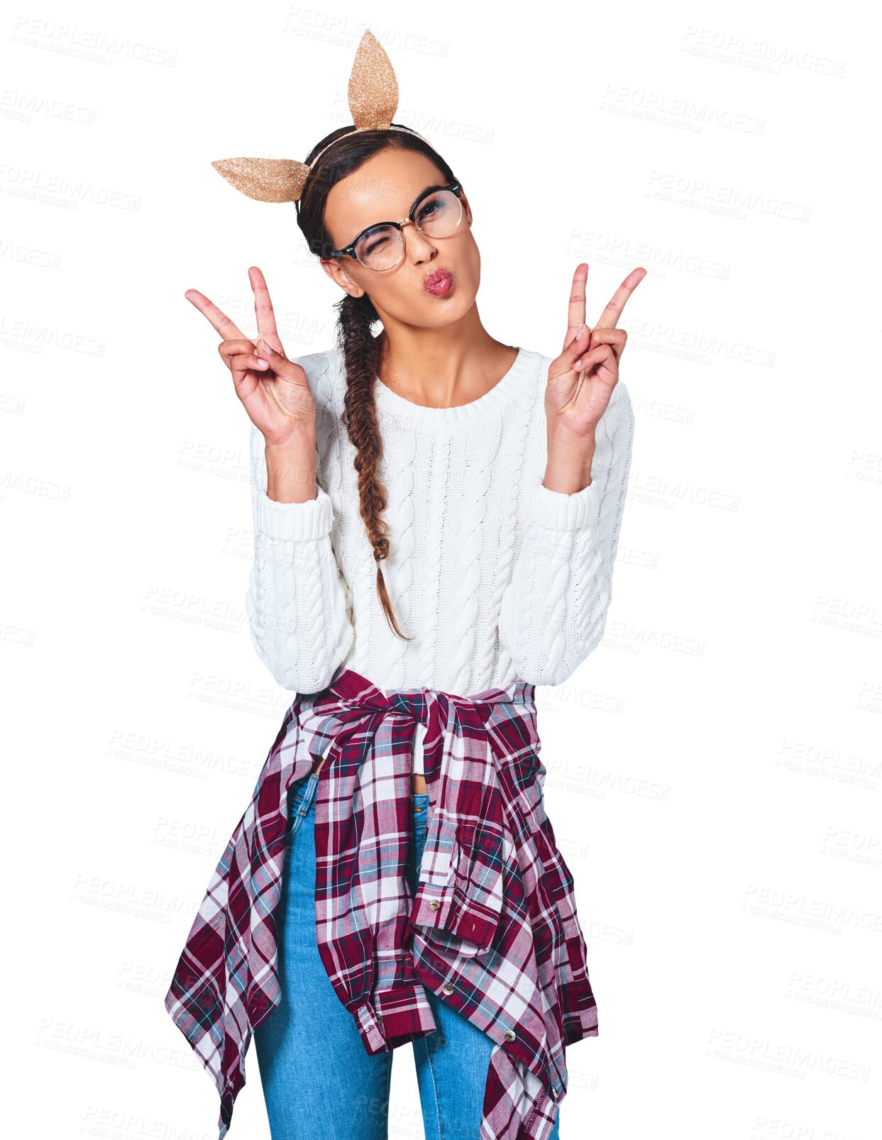 Buy stock photo Woman, portrait and peace sign or bunny ears happy for hipster fashion, confidence or isolated on transparent png background. Female person, face and rabbit accessory for relax, hand gesture or pout