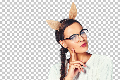 Buy stock photo Woman, portrait and thinking bunny ears for thoughts decision, problem solving or isolated on transparent png background. Female person, hand gesture for wonder rabbit accessory, doubt for solution