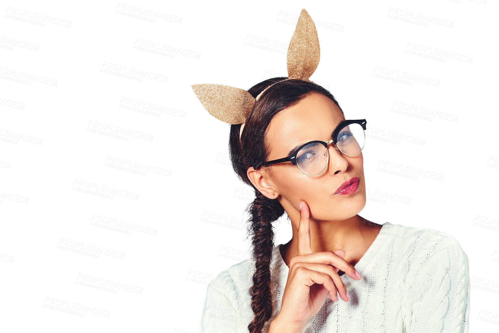 Buy stock photo Woman, portrait and thinking bunny ears for thoughts decision, problem solving or isolated on transparent png background. Female person, hand gesture for wonder rabbit accessory, doubt for solution