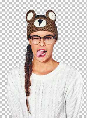 Buy stock photo Woman, funny face and tongue for humor, comedy and emoji or isolated on transparent png background. Asian female person, wink and freedom or comic, flirting and crazy or unique fashion or style