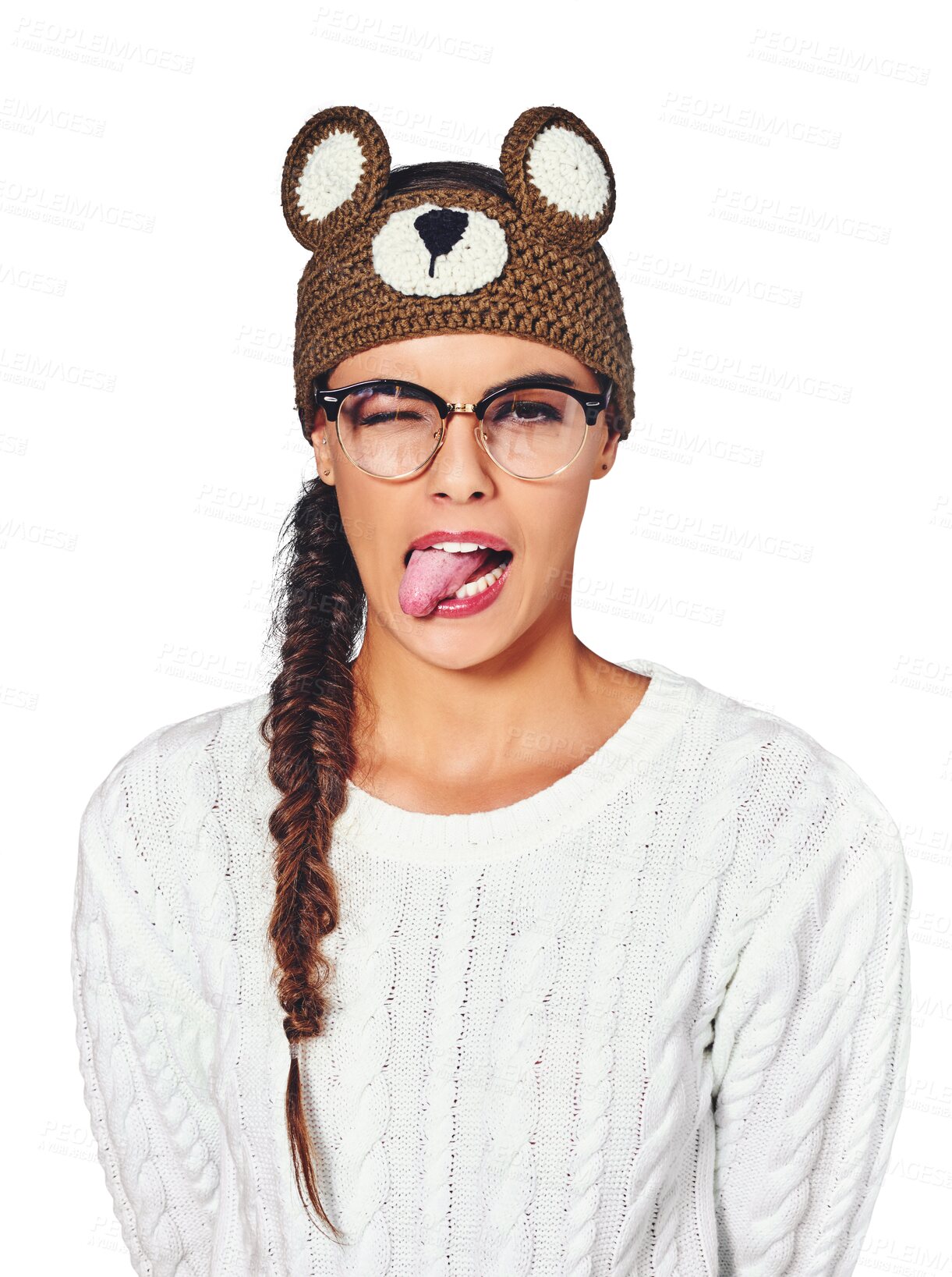 Buy stock photo Woman, funny face and tongue for humor, comedy and emoji or isolated on transparent png background. Asian female person, wink and freedom or comic, flirting and crazy or unique fashion or style