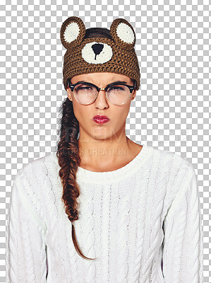 Buy stock photo Woman, portrait and angry or winter hat for cold weather day, unhappy or isolated on transparent png background. Female person, face and upset in warm clothes beanie or frustrated, moody for season