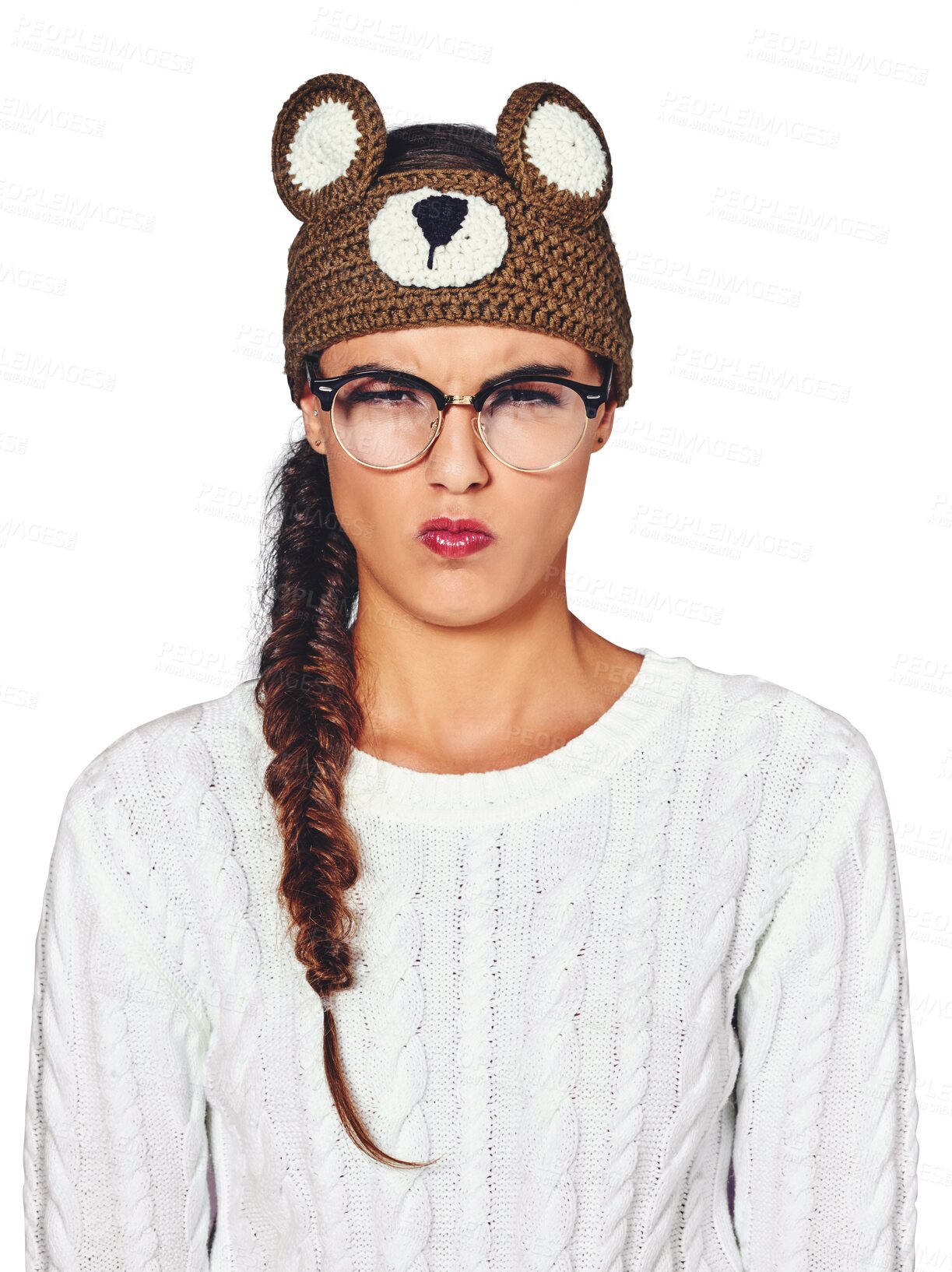 Buy stock photo Woman, portrait and angry or winter hat for cold weather day, unhappy or isolated on transparent png background. Female person, face and upset in warm clothes beanie or frustrated, moody for season