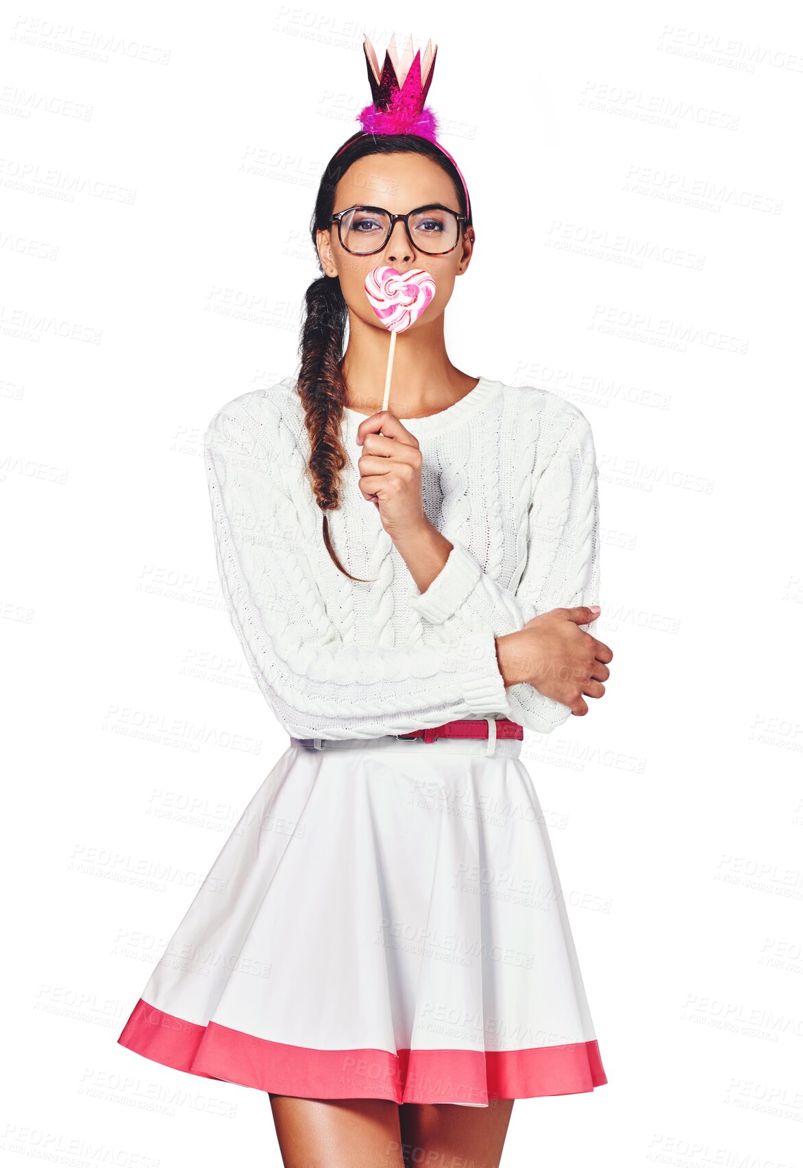 Buy stock photo Portrait, queen and woman with crown, lollipop or isolated on transparent png background. Glasses, candy or princess in tiara love eating dessert, heart or confectionary sweets, sugar food or fashion