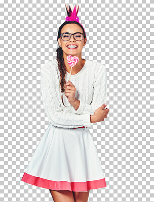 Buy stock photo Portrait, heart and woman with tiara, lollipop and isolated on a transparent png background. Glasses, candy and princess in crown love eating dessert, sweets or sugar food, fashion and valentines day