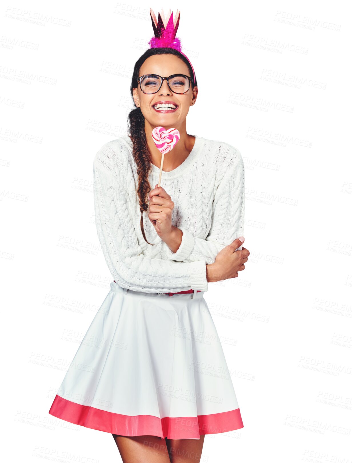 Buy stock photo Portrait, heart and woman with tiara, lollipop and isolated on a transparent png background. Glasses, candy and princess in crown love eating dessert, sweets or sugar food, fashion and valentines day