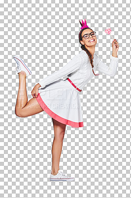 Buy stock photo Portrait, happy and woman with crown, lollipop and isolated on a transparent png background. Glasses, candy and person in tiara, princess eating dessert or confectionery sweets, sugar food or fashion