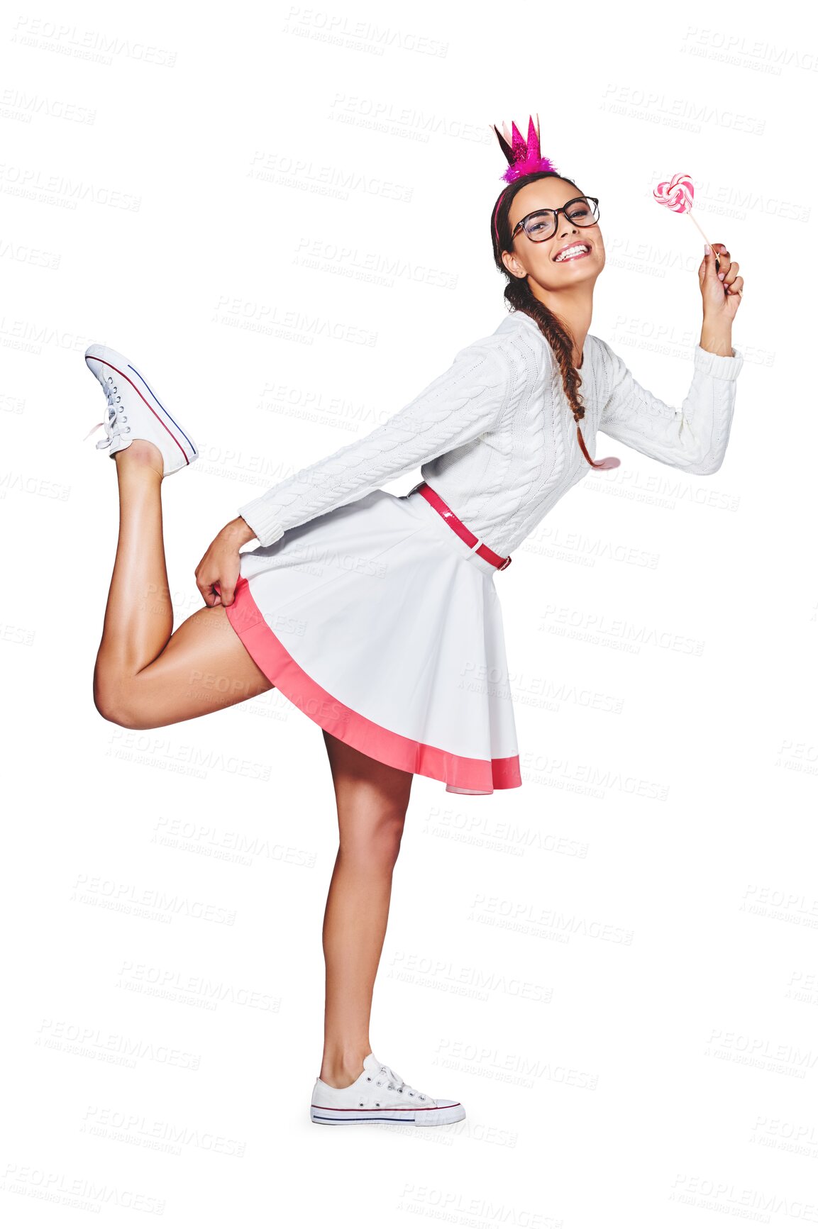 Buy stock photo Portrait, happy and woman with crown, lollipop and isolated on a transparent png background. Glasses, candy and person in tiara, princess eating dessert or confectionery sweets, sugar food or fashion