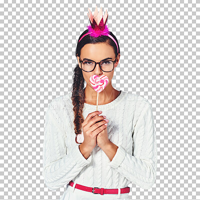 Buy stock photo Portrait, heart and woman with crown, lollipop and isolated on a transparent png background. Glasses, candy and princess in tiara love eating dessert, sweets or sugar food, fashion and valentines day