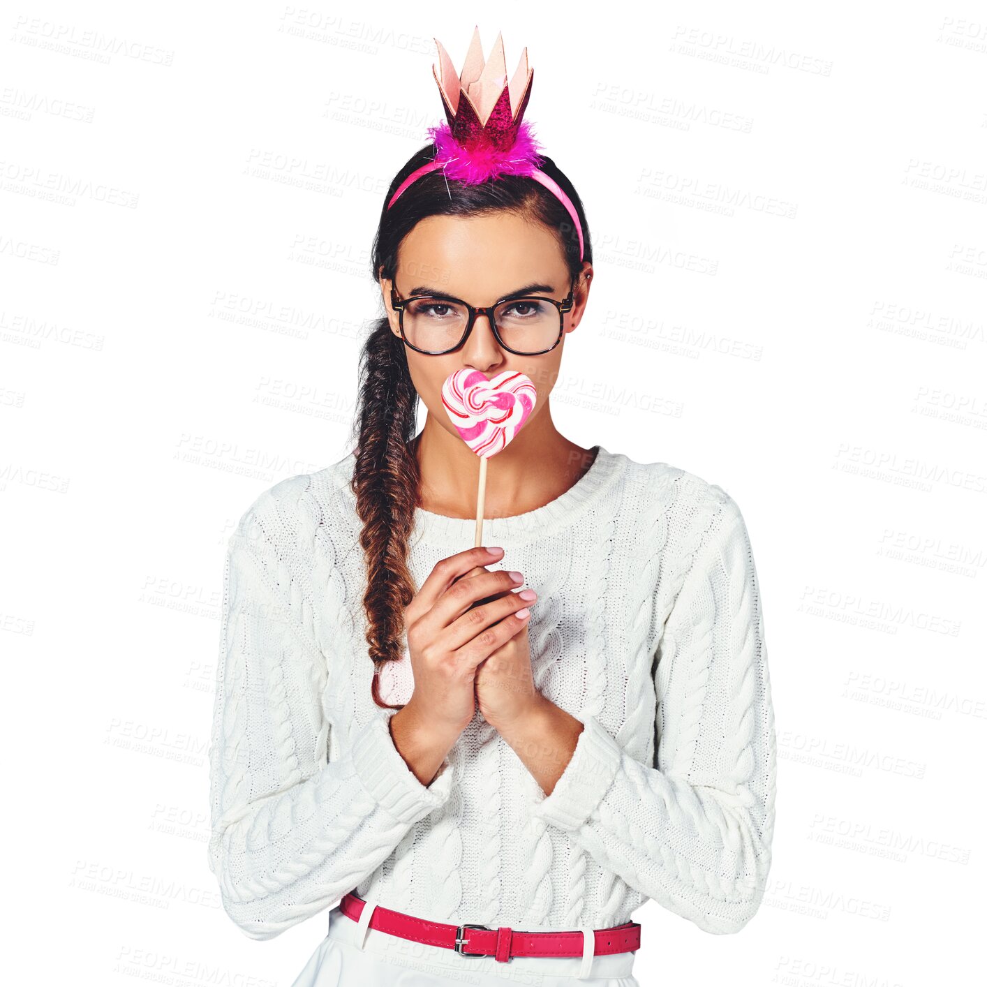 Buy stock photo Portrait, heart and woman with crown, lollipop and isolated on a transparent png background. Glasses, candy and princess in tiara love eating dessert, sweets or sugar food, fashion and valentines day