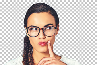 Buy stock photo Woman, serious and glasses for thinking of project proposal and consultant for brainstorming solution. Young person, thought or problem solving in eyewear or isolated on transparent png background