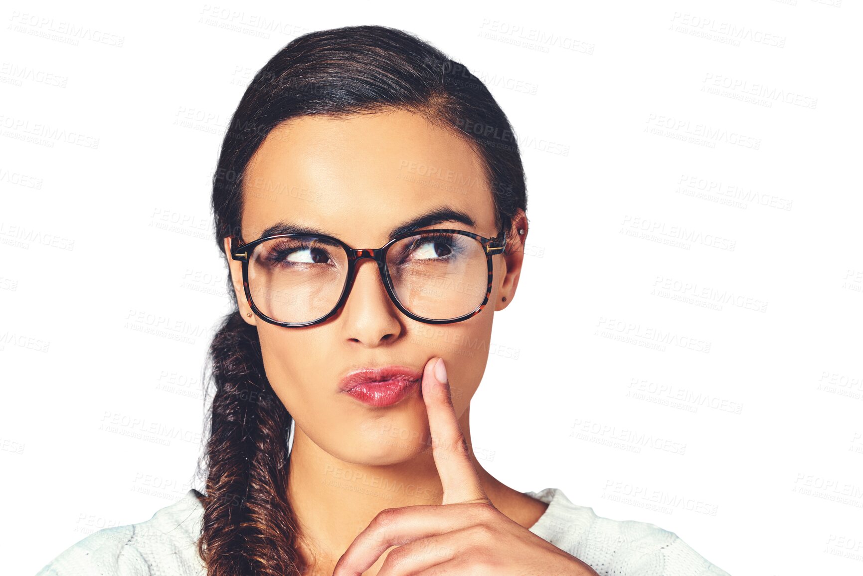 Buy stock photo Woman, serious and glasses for thinking of project proposal and consultant for brainstorming solution. Young person, thought or problem solving in eyewear or isolated on transparent png background